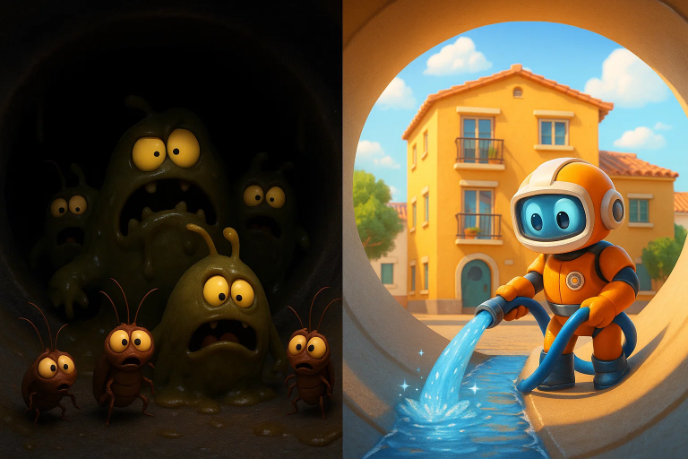 Camión cuba realizando mantenimiento de arquetas en comunidad de vecinos en Sevilla